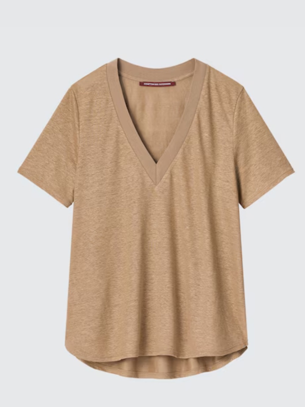 Comptoir Des Cotonniers 100% Linen Short Sleeve V-Neck Tee in 33 Khaki EU-XS